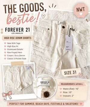 Forever 21 High Rise Distressed Cream Denim Shorts NWT Size 31 Raw Hem